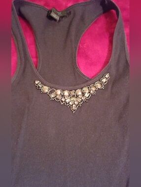 Vtg. Express Black Ribbed Racerback Tank with Jeweled Accent